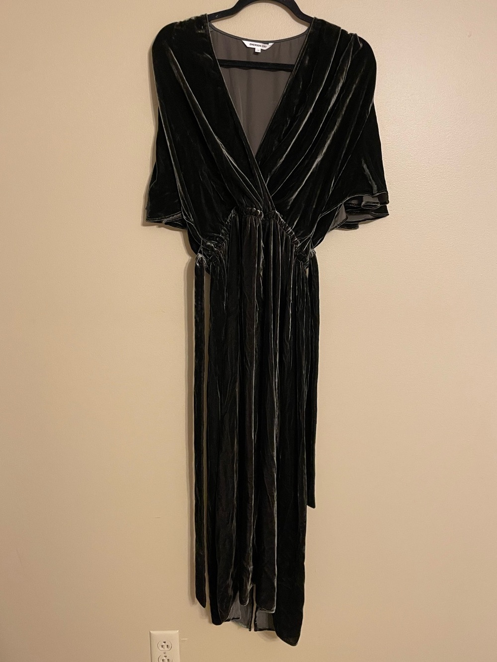 Emerson Fry Lila Silk Velvet Dress dark olive green fall wedding guest luxury